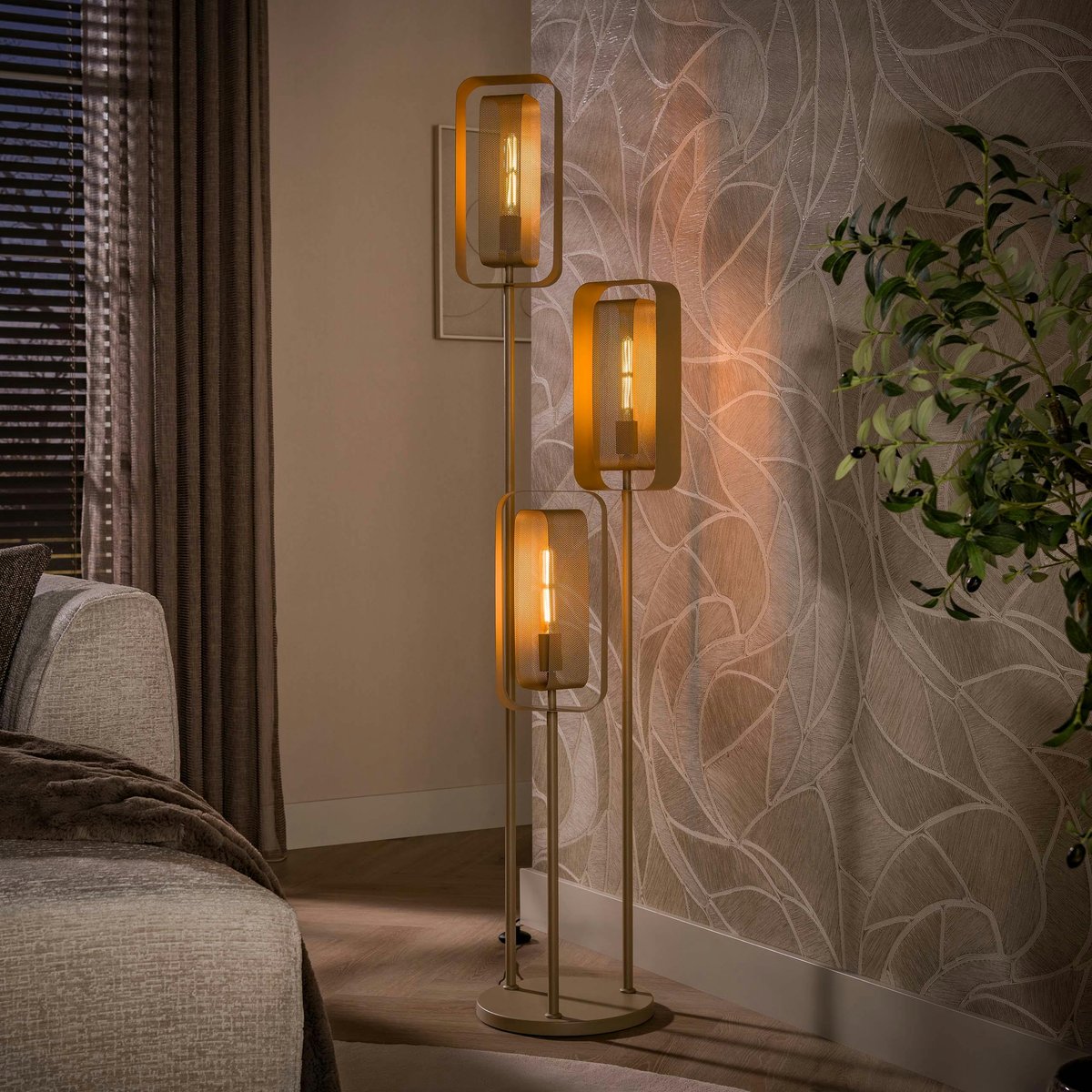 Lampadaire design beige à double cadre 3 lampes RALF beige, PIER IMPORT