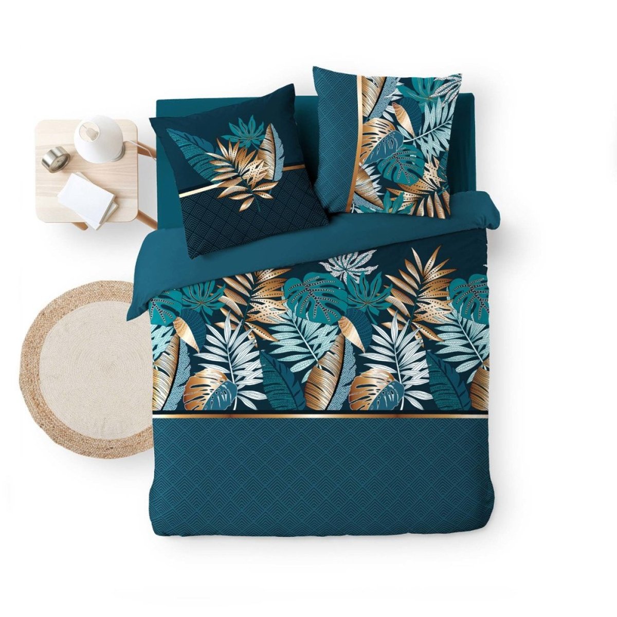 Housse De Couette 240x220 + 2 Taies Alianor 100% Coton bleu, DECORATIE