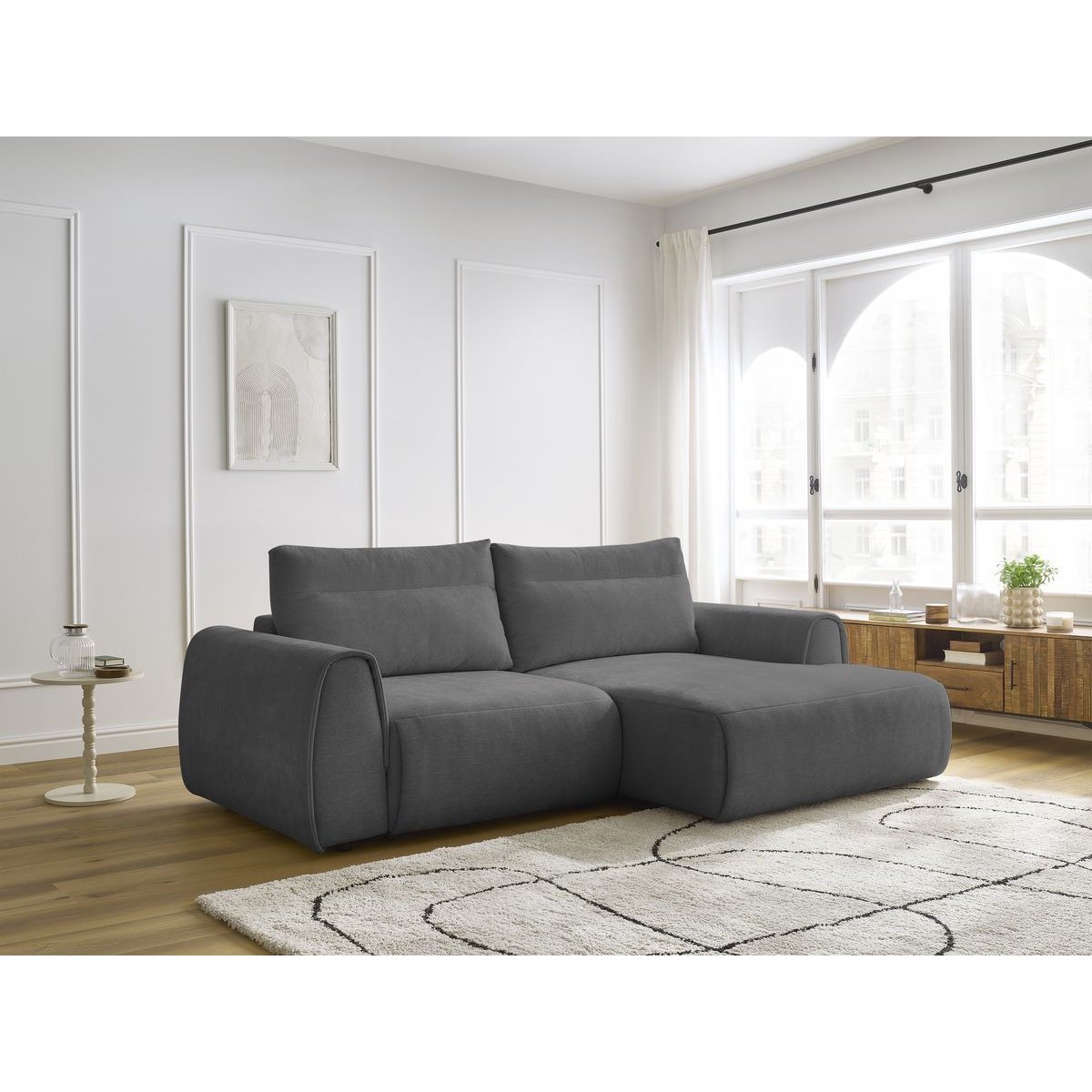 Canapé d'angle fixe compact 3 places tissu lisse, ADEN gris foncé, BOBOCHIC