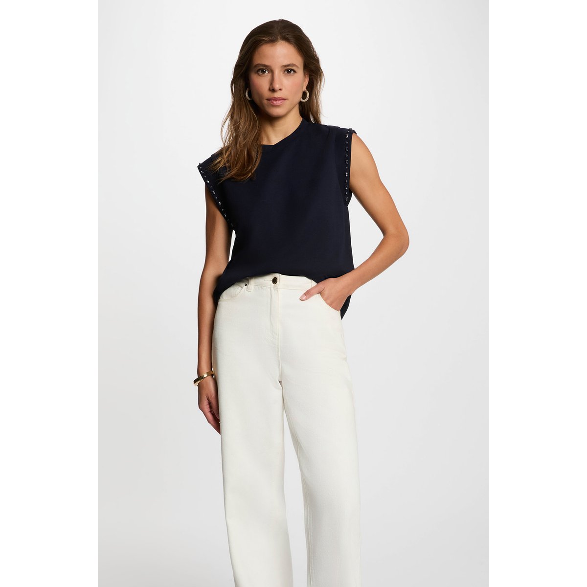 T-shirt col rond strass bleu marine, MORGAN