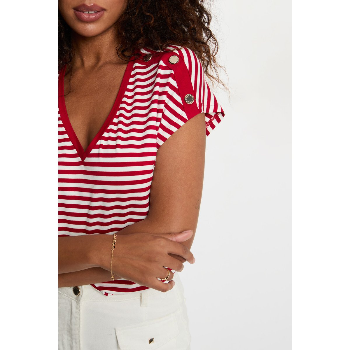 T-shirt rayé col v blanc, MORGAN