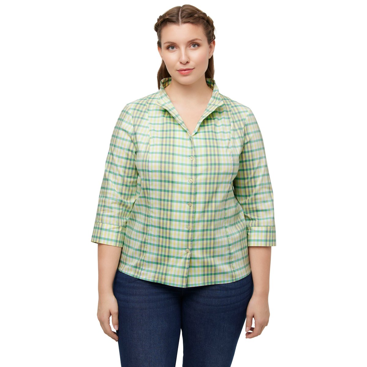Blouse, carreaux, coupe Slim, col jabot bleu clair, ULLA POPKEN