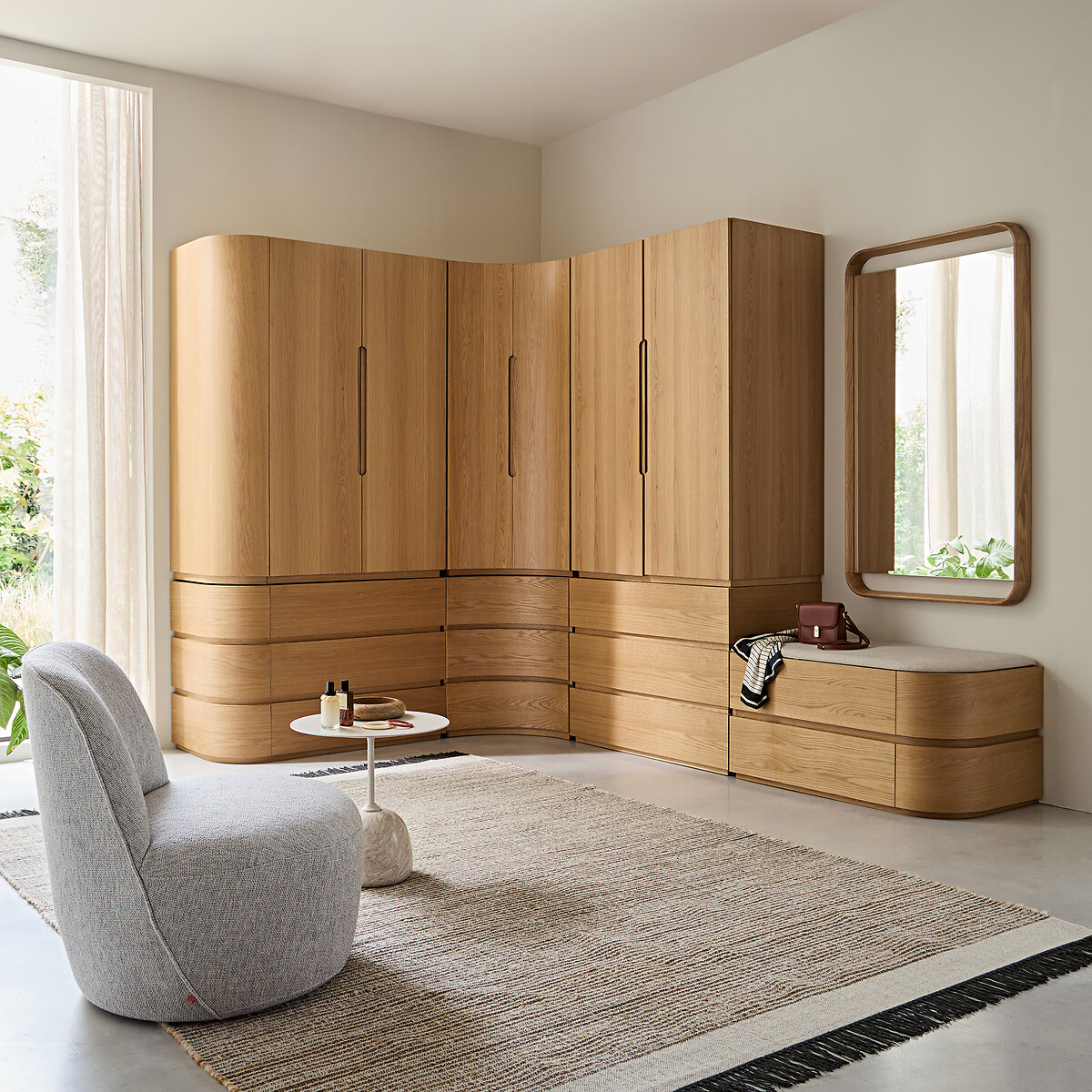 Élément banquette de rangement, pour dressing modulable en plaqué chêne, EVORIA naturel, AM.PM