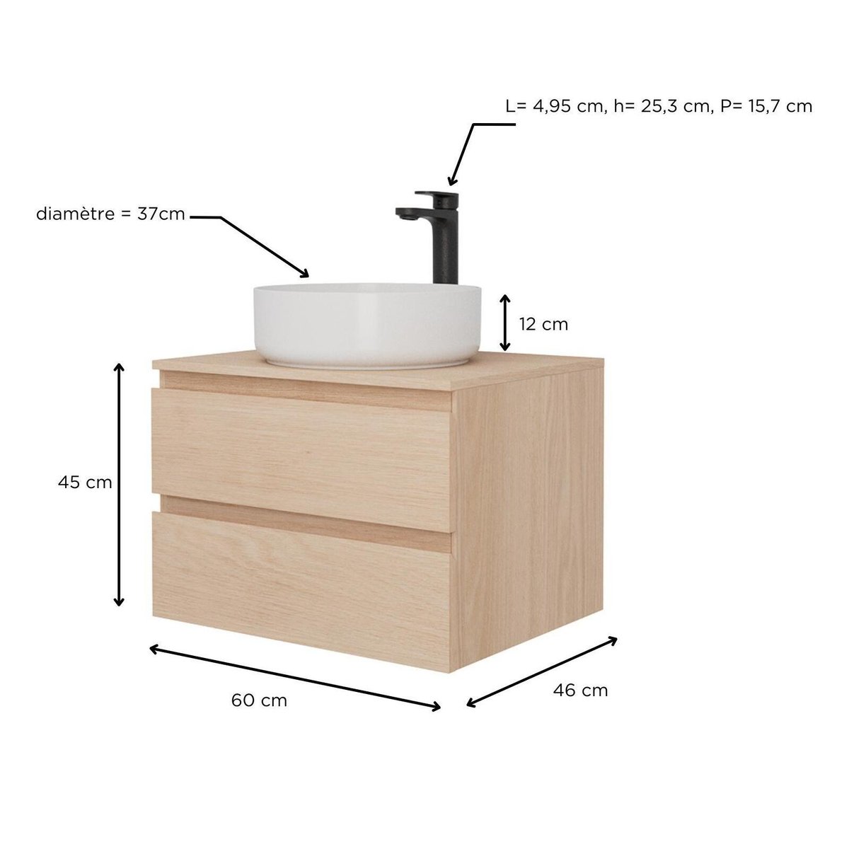 Ensemble meuble simple vasque 60 cm + vasque + robinet SORRENTO chêne, MOB IN