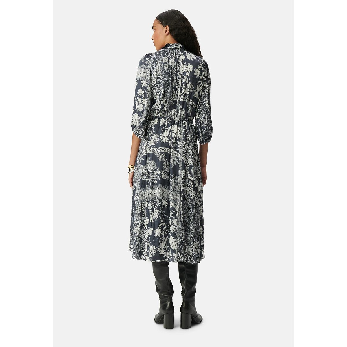 Printed Flared Midi Dress with Elbow-Length Sleeves blue print, IKKS