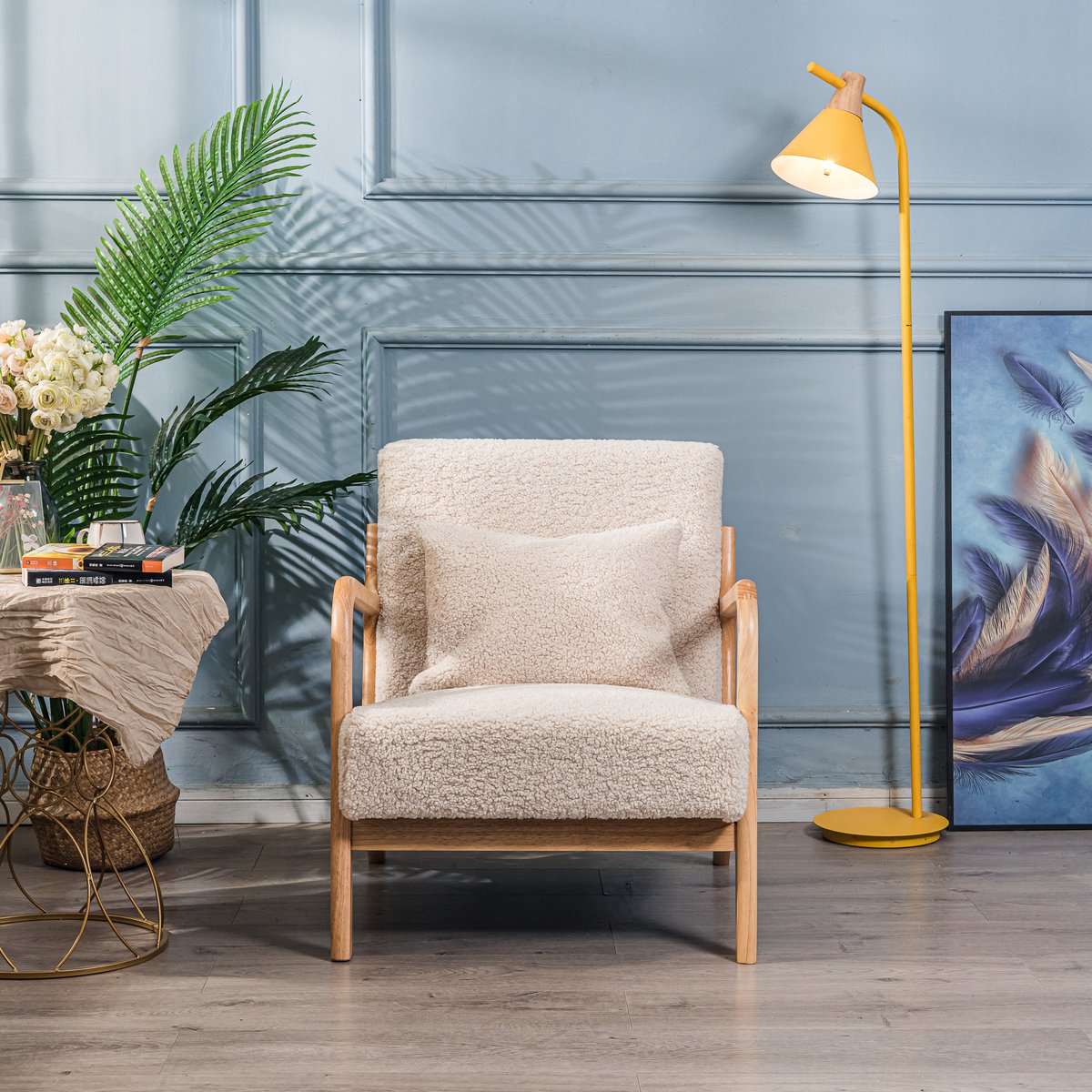 Fauteuil de salon en bois massif, OHAMA blanc cassé, NORDLYS