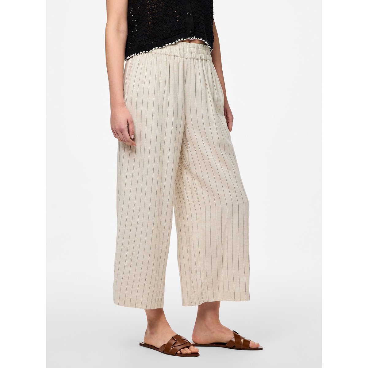 Pantalon culotte rayé, taille haute ecru/noir, PIECES