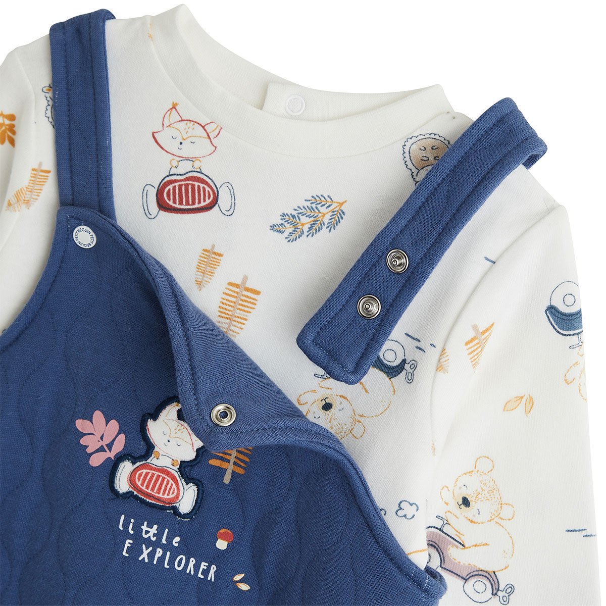 Ensemble salopette bébé en coton matelassé et t-shirt Emile bleu, PETIT BEGUIN