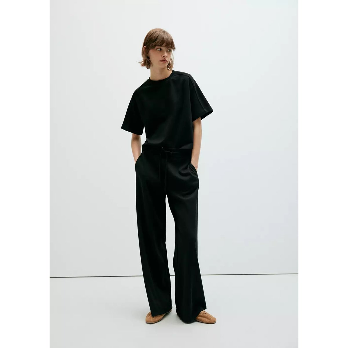 Pantalon droit maille fine noir, MANGO