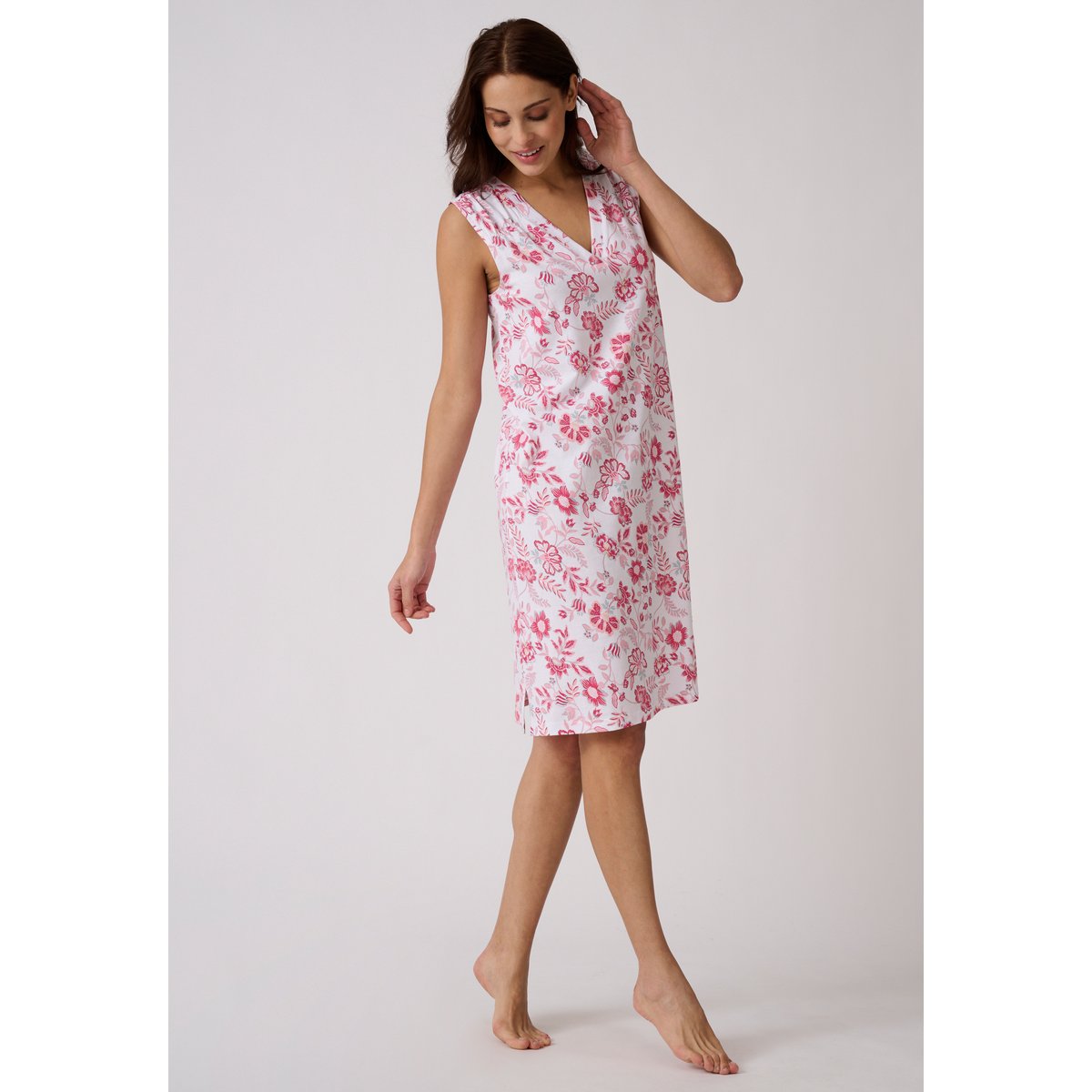 Chemise de nuit en pur coton peigné blanc rose fleuri, DAMART