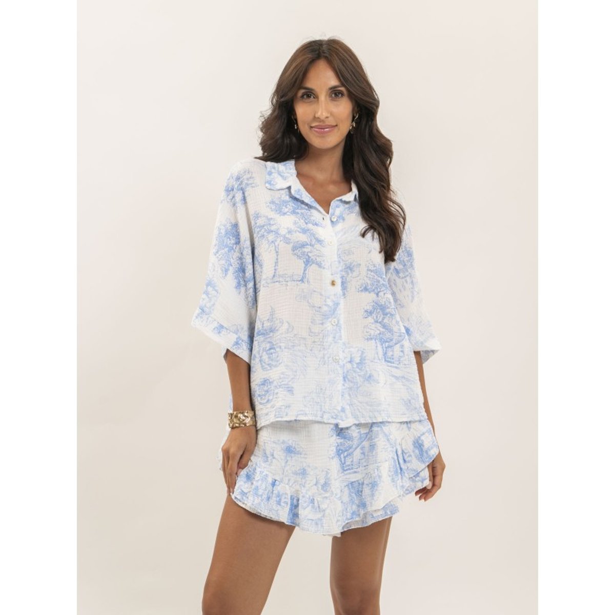 Chemise Gaze De Coton Motifs Toile De Jouy Olea bleu, DONA LISA