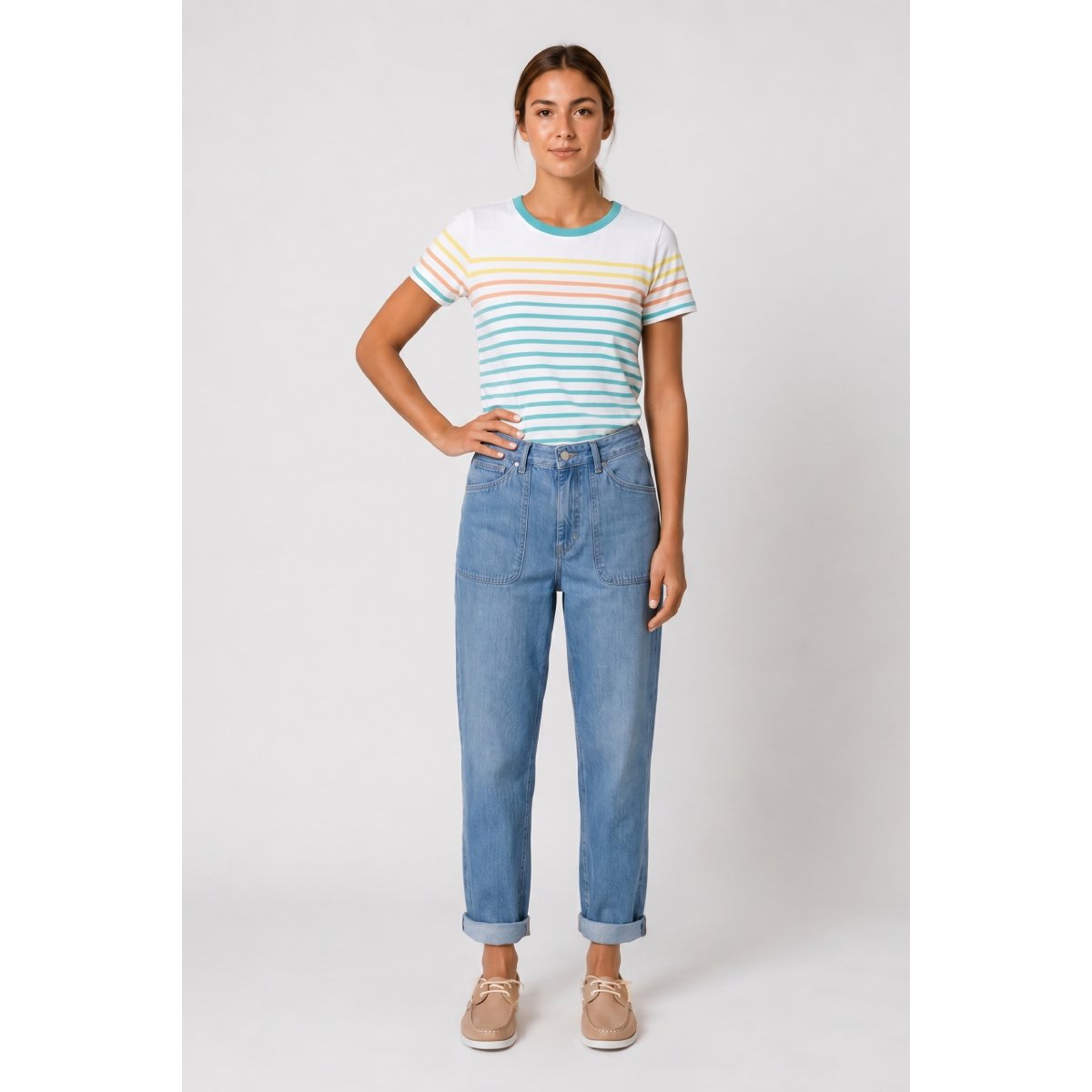 Marinière Femme - coton léger blanc/ citronelle/ peach n, ARMOR-LUX