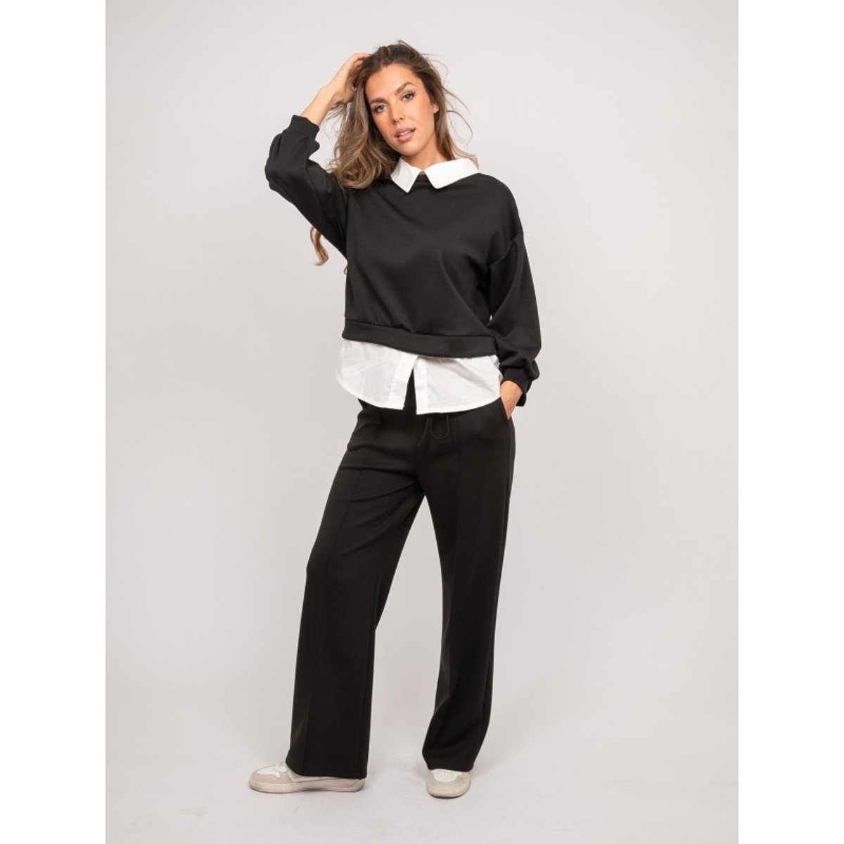 Sweat 2 En 1 Effet Chemise Col Blanc Yuna noir, DONA LISA