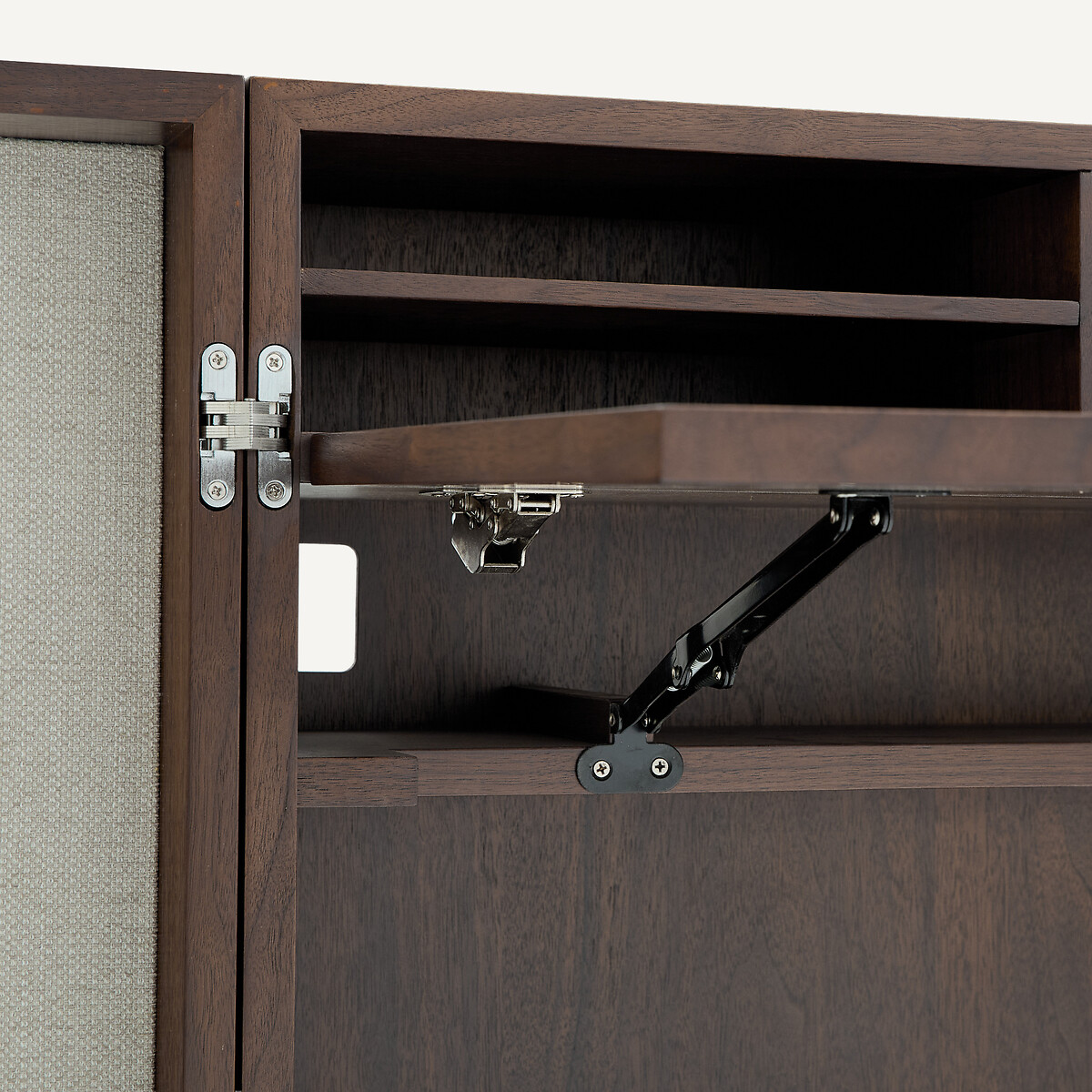 Bureau armoire bas en plaqué noyer et tissu texturé, OMID beige ficelle/noyer, AM.PM