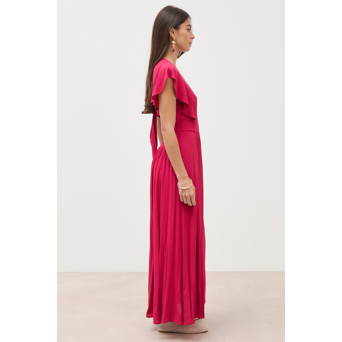 Robe fluide col v manches courtes rouge clair, BONOBO