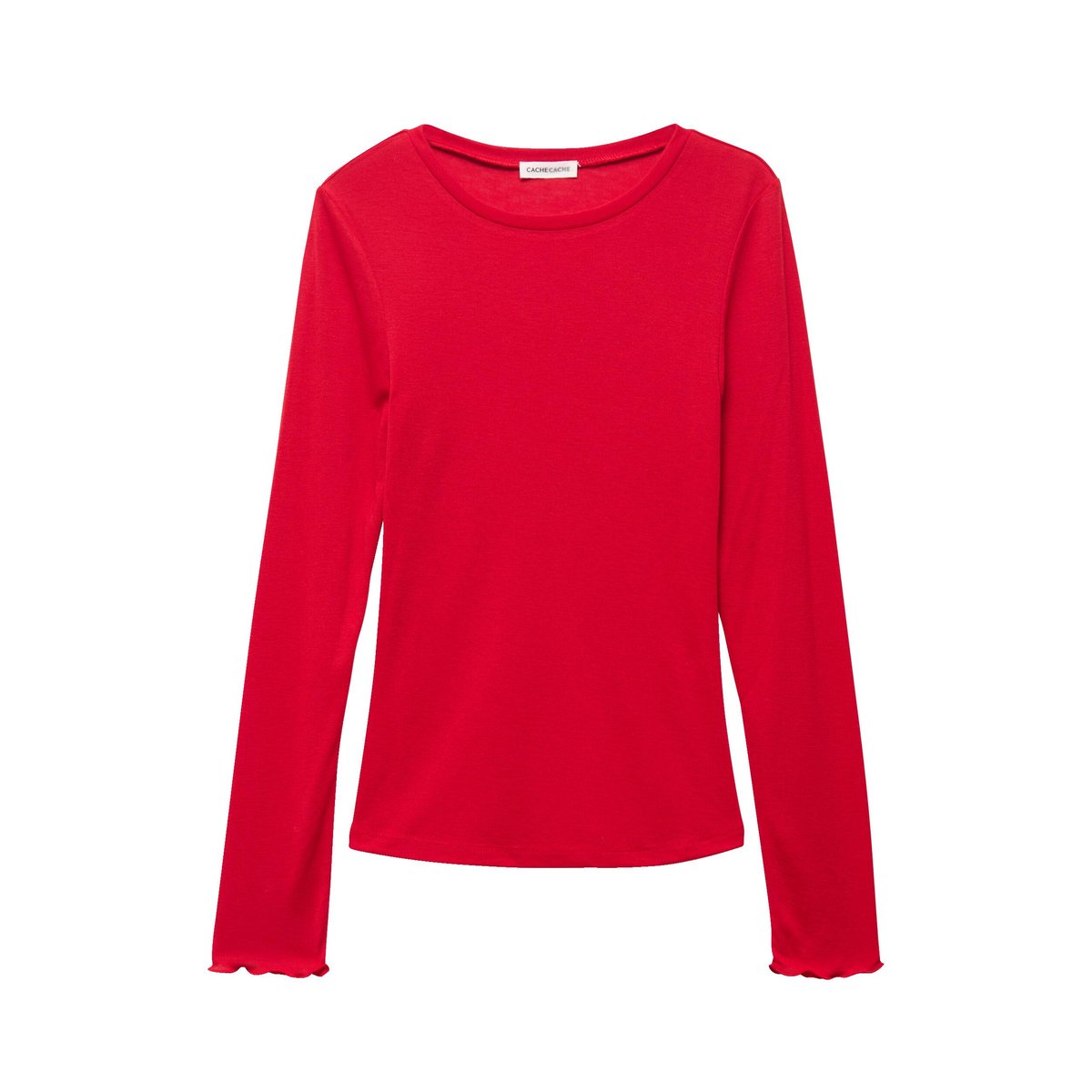T-shirt ajusté col rond manches longues rouge, CACHE CACHE