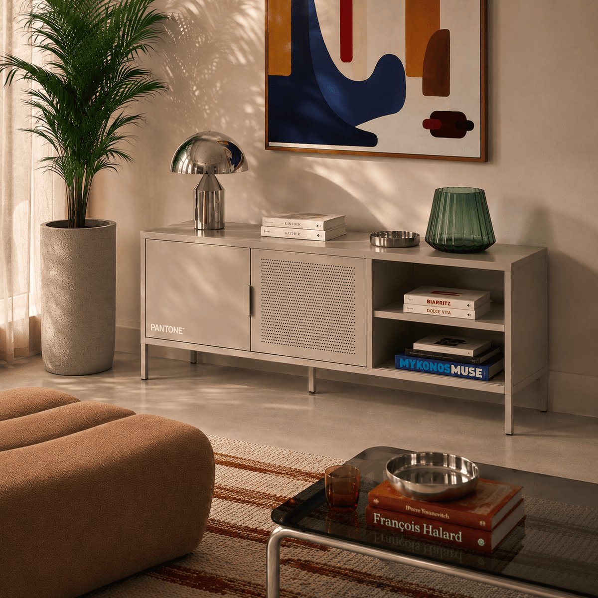 Meuble TV en acier 2 portes taupe, PANTONE