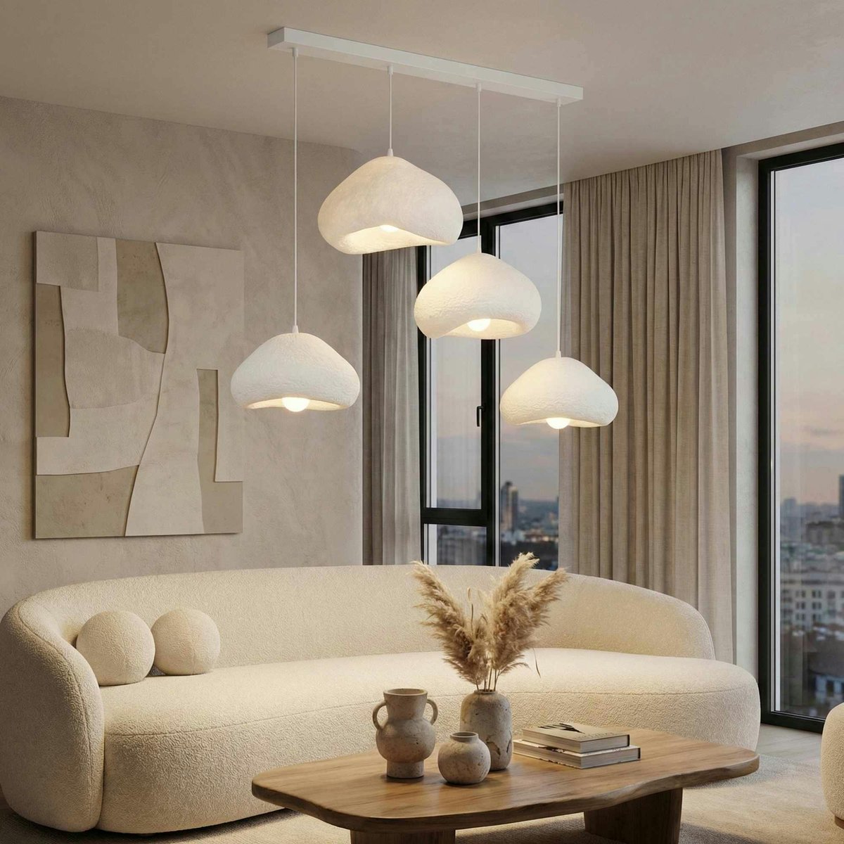 Suspension de table 4 lampes en ligne NOXIS blanc, PIER IMPORT