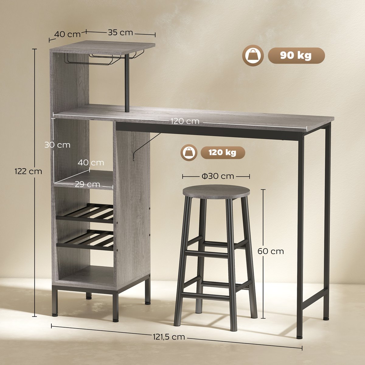 Ensemble de table de bar MDF Bois naturel bois naturel, noir, HOMCOM