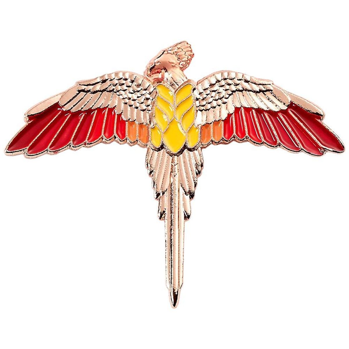 Badge motif/style Fumseck rouge / rose doré / jaune, HARRY POTTER