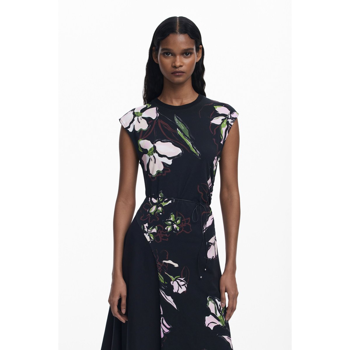 Robe asymétrique à fleurs noir, DESIGUAL
