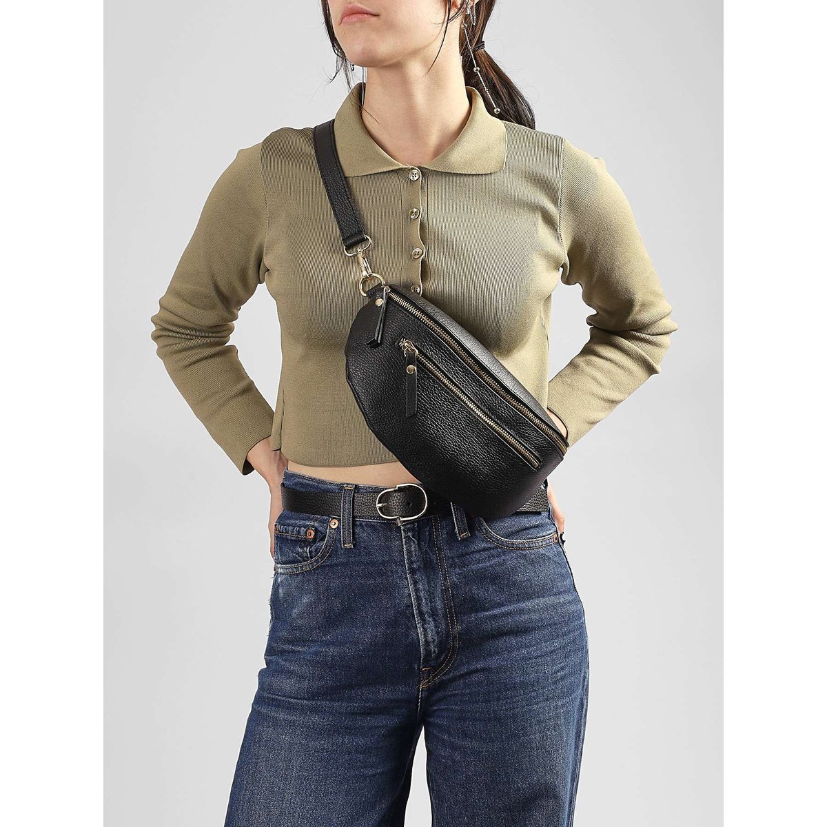 Sac banane cuir nero, MILANO