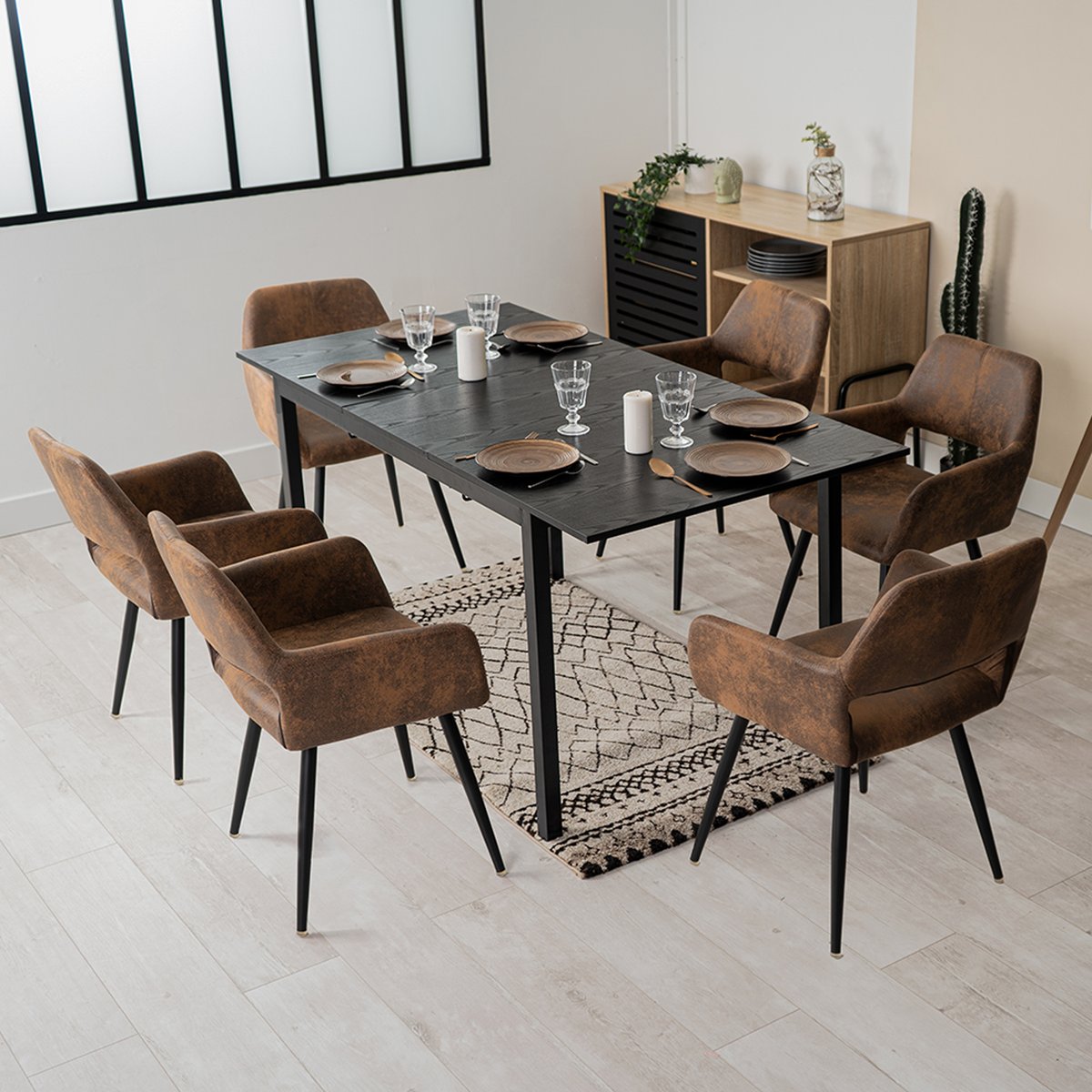 Ensemble de table à manger extensible à allonge avec 6 chaises, BARI6PCSSET marron, MEUBLES COSY