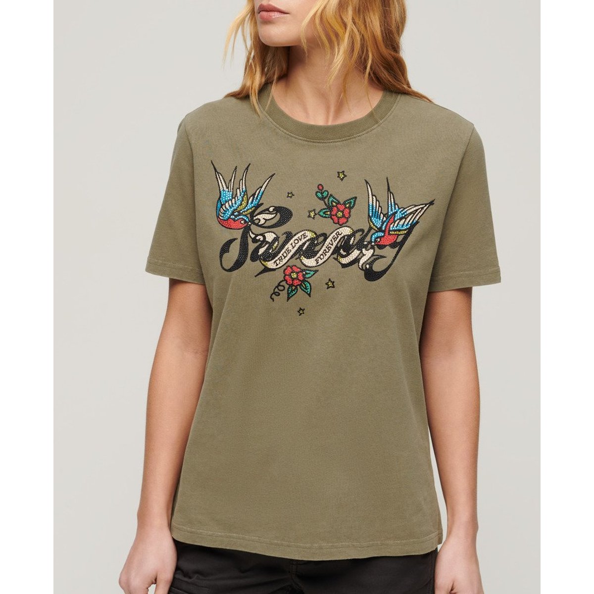T-shirt à motif tatouage Script kaki mousse, SUPERDRY