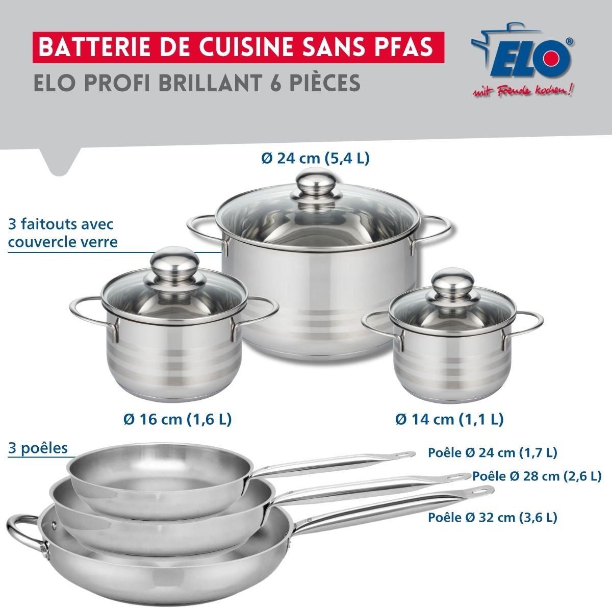 3 poêles 24/28/32cm + 3 faitouts 14/16/24cm PROFI BRILLANT gris, ELO