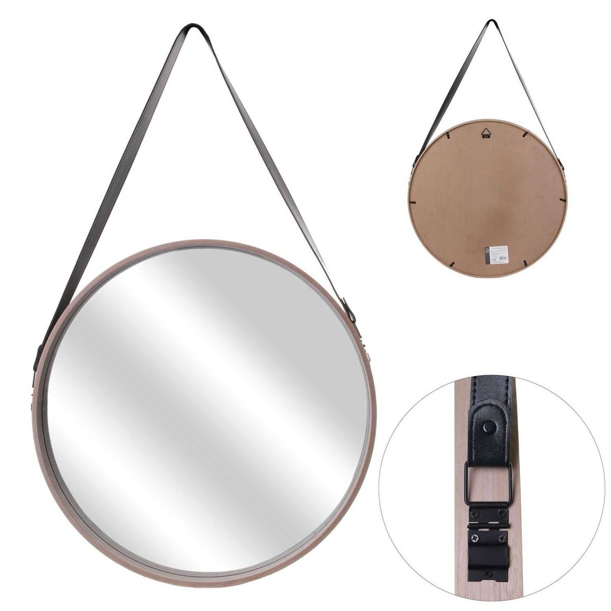 Miroir rond à suspendre avec une anse beige, TOILINUX