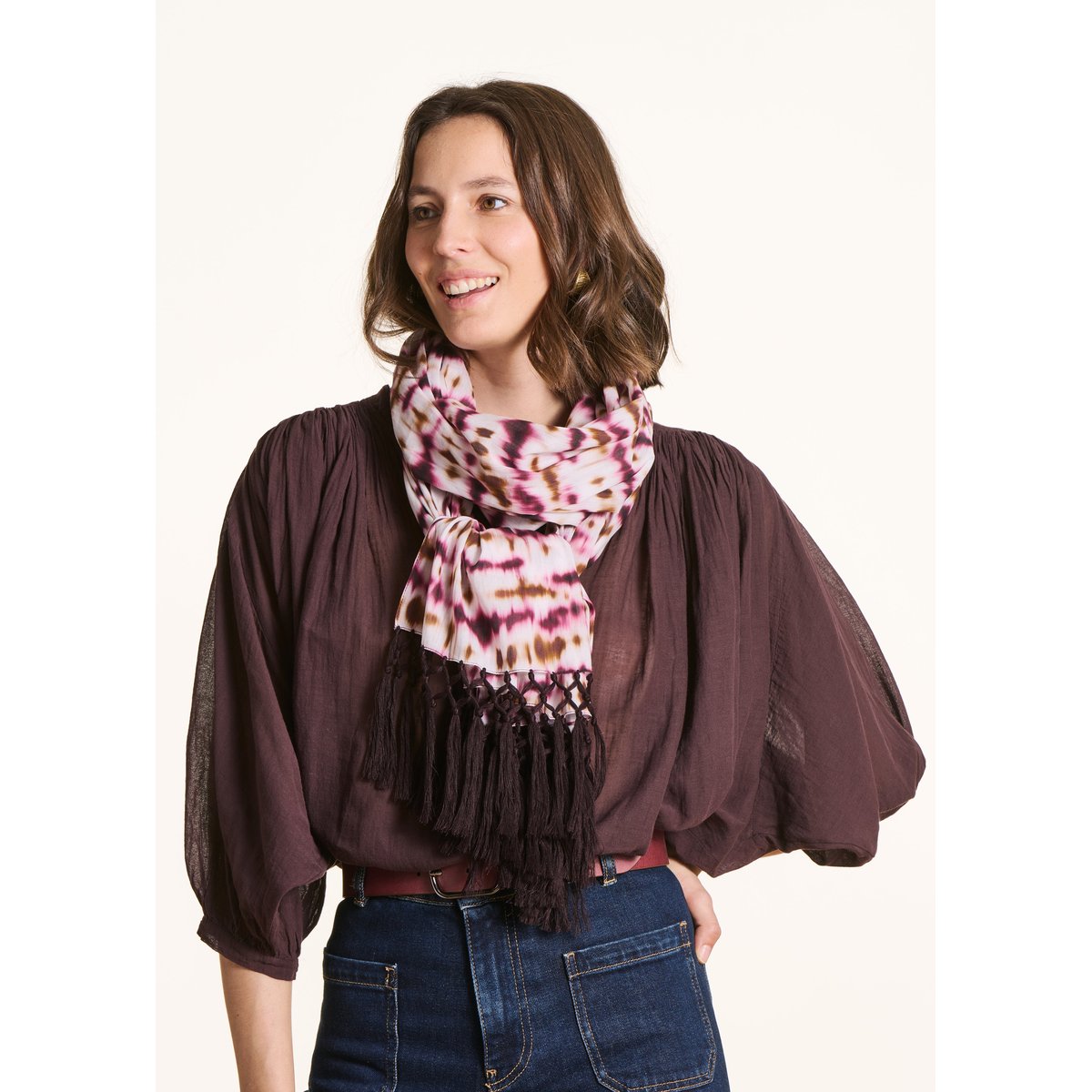 Foulard coton imprimé tie & dye ecru/burgundy, LA FEE MARABOUTEE