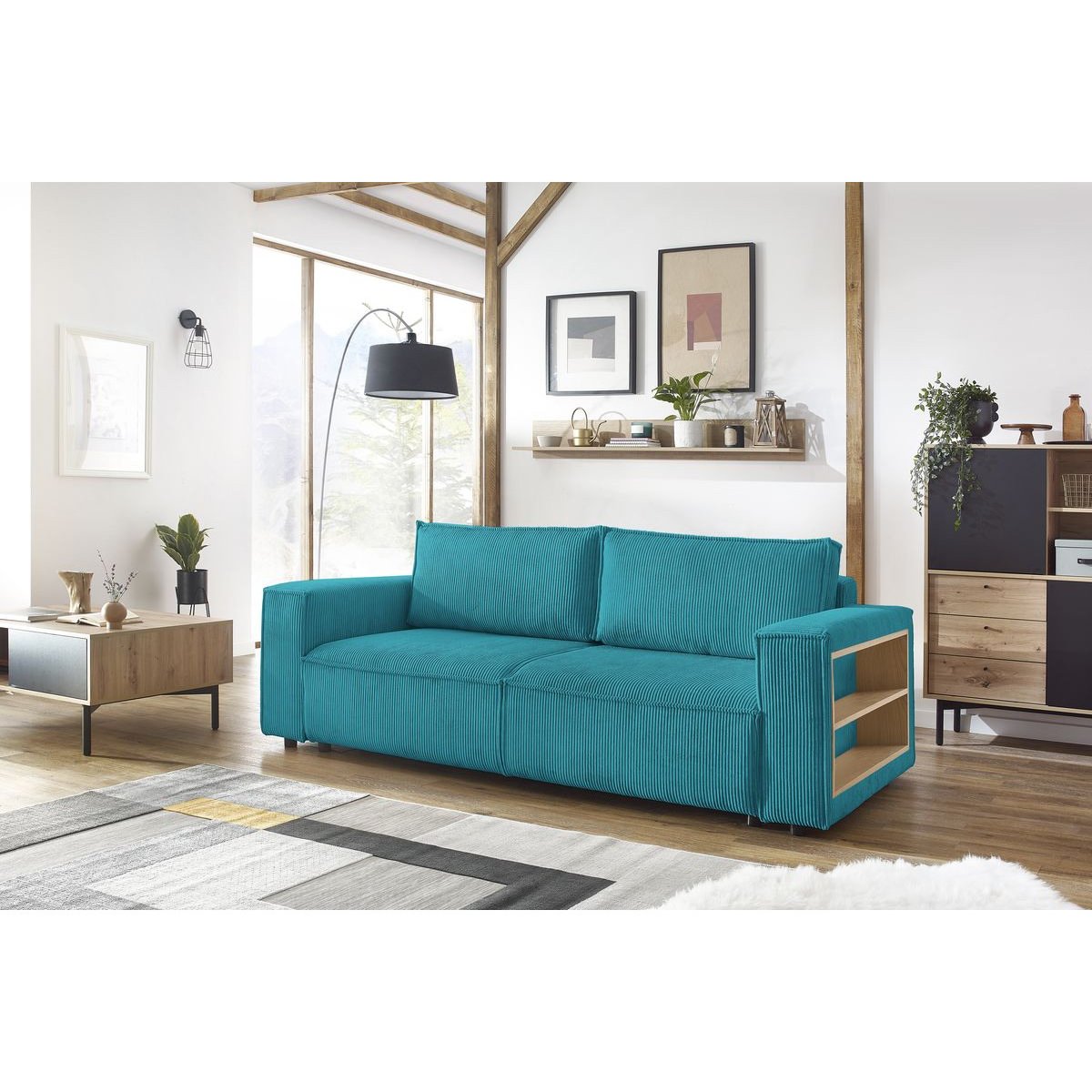 Canapé droit convertible 3 places en velours côtelé avec pouf, NIHAD bleu foncé, BOBOCHIC