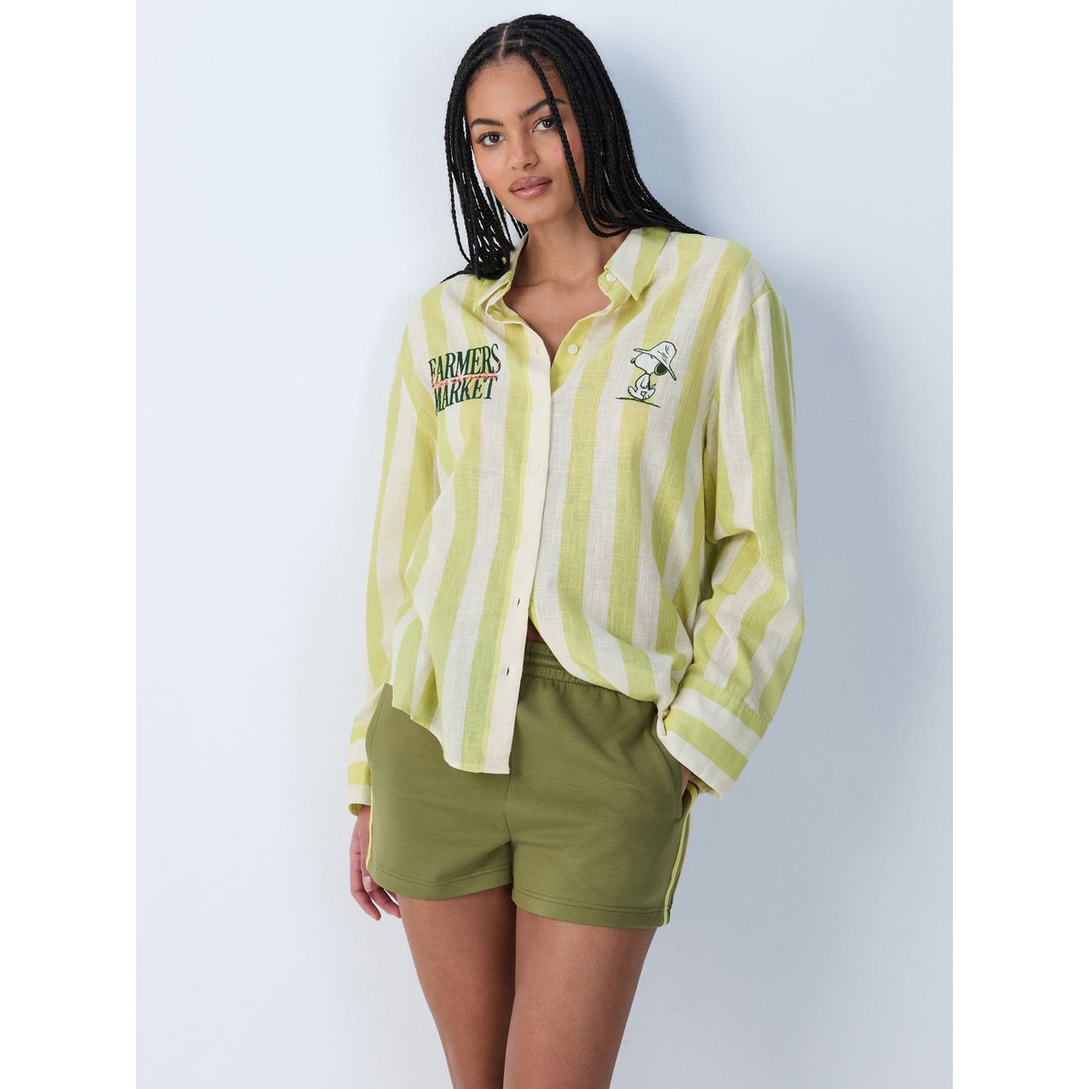 Chemise décontractée manches longues lin bande verte à motif snoopy, NEXT