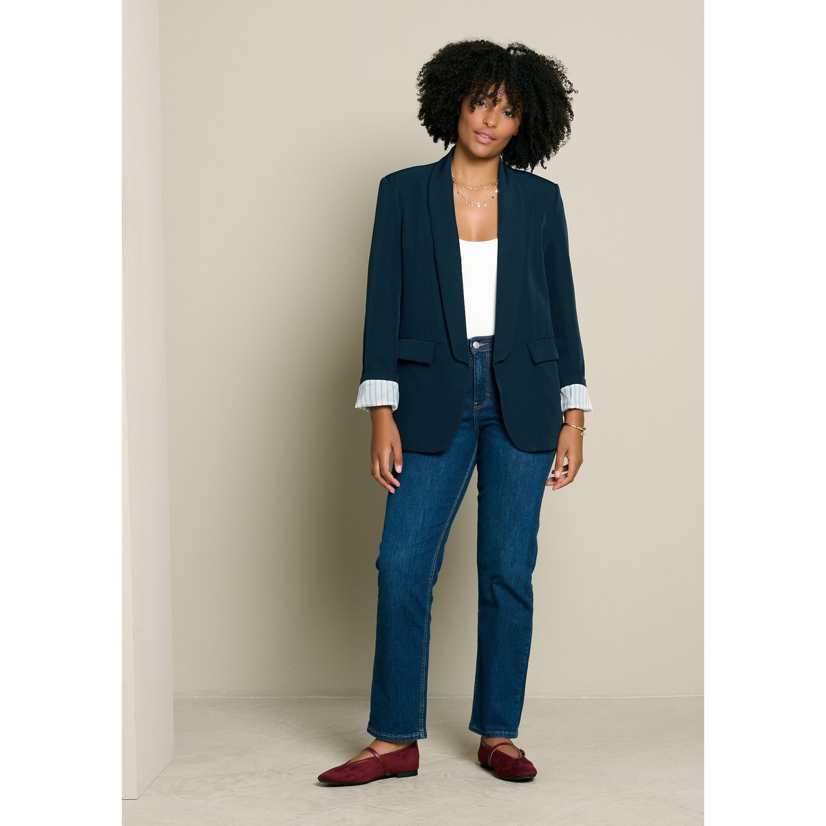 Blazer ouvert coupe fluide bleu marine, LOLALIZA
