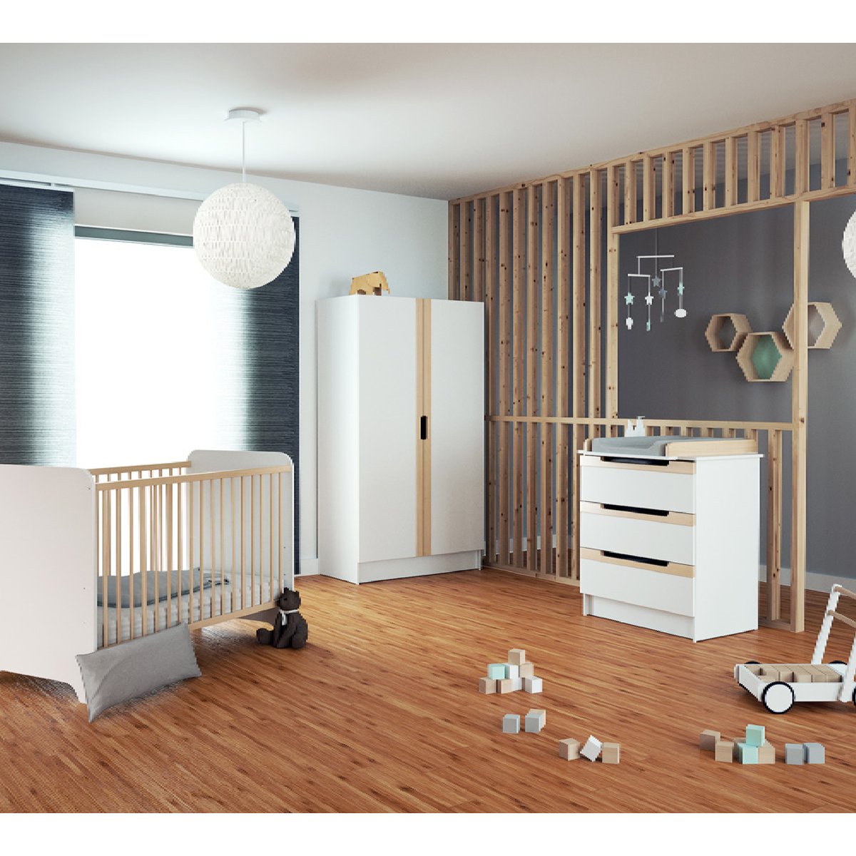 Lit bébé en bois CARROUSEL blanc et hêtre verni, JURABABY
