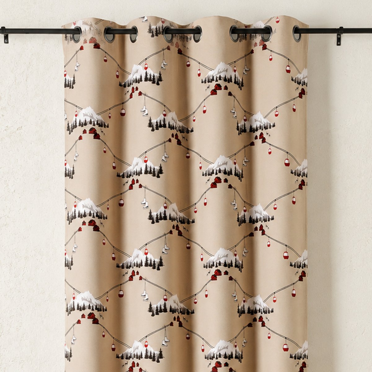 Rideau tamisant à œillets motif montagne et téléphérique en polycoton beige, LINDER