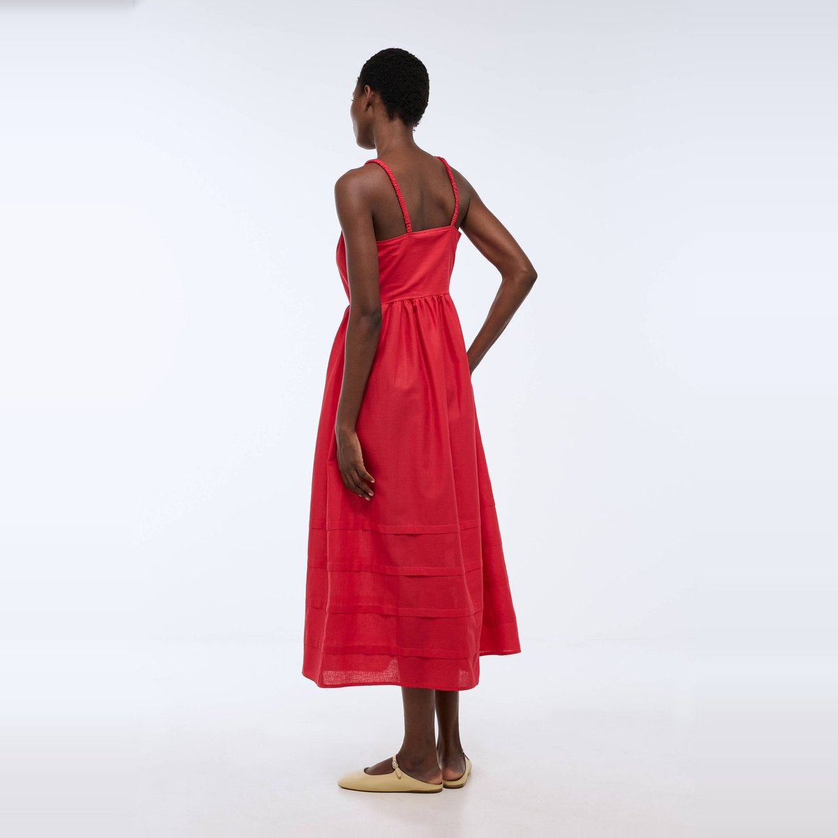 Robe longue à bretelles en coton lin rouge, MONOPRIX