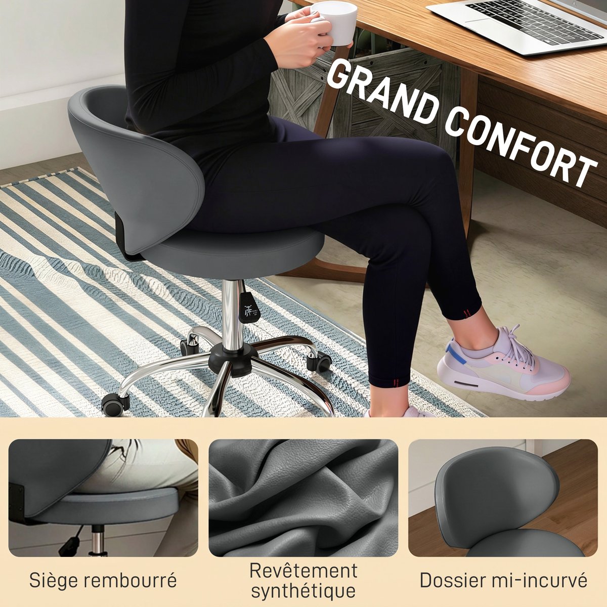 Tabouret de salon PU Gris gris, argent, HOMCOM