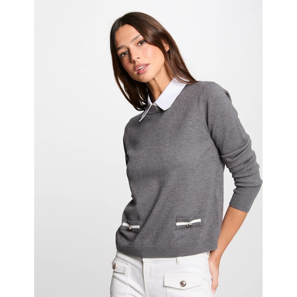 Jumper with Shirt Collar mid-grey, MORGAN