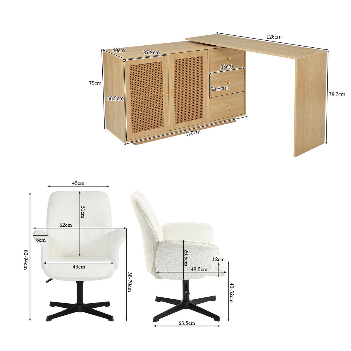 Ensemble de bureau d’angle rotatif avec portes rotin et chaise de bureau, DICCPERNTHOMASINAB blanc, MEUBLES COSY