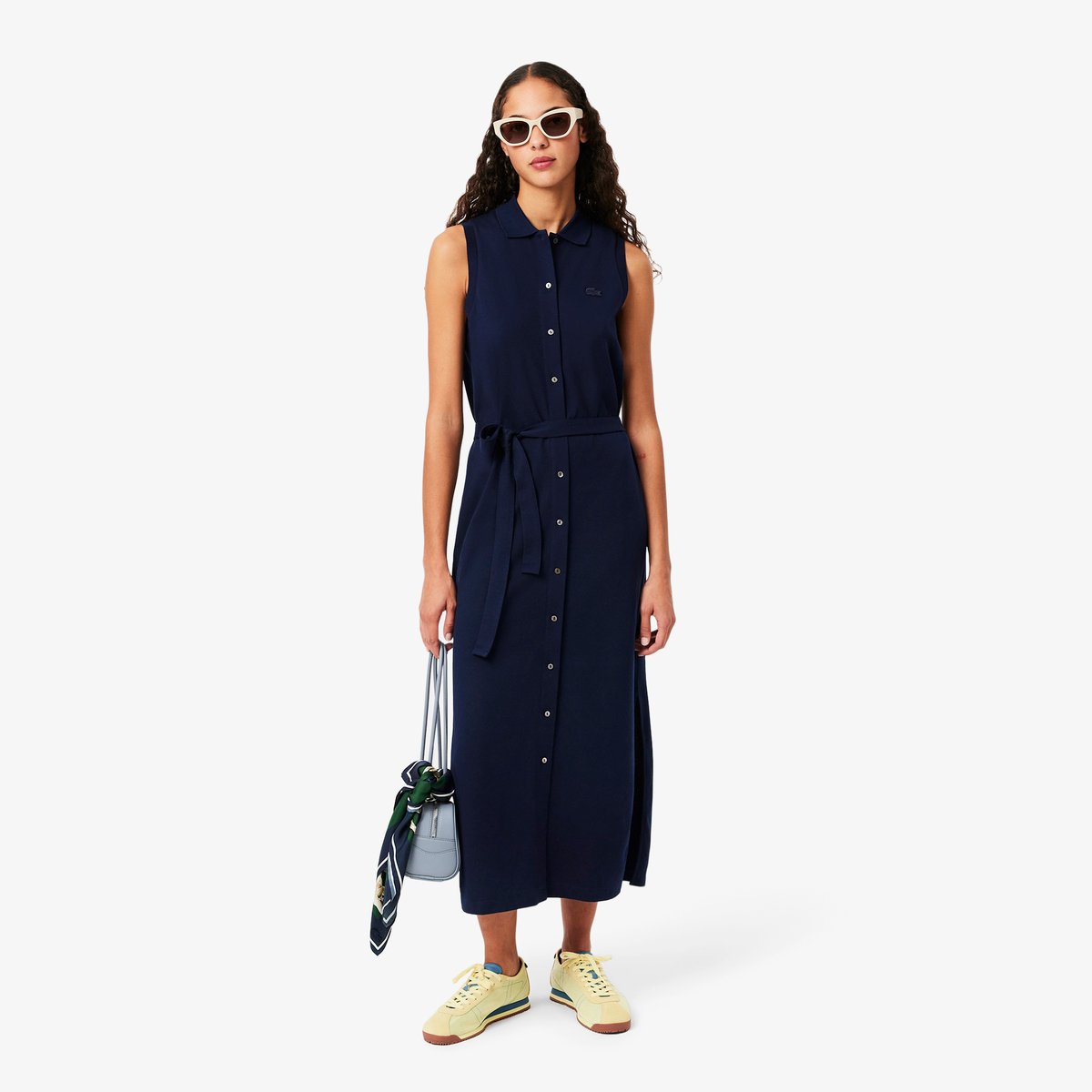Robe polo longue en mini Piqué stretch bleu-166, LACOSTE