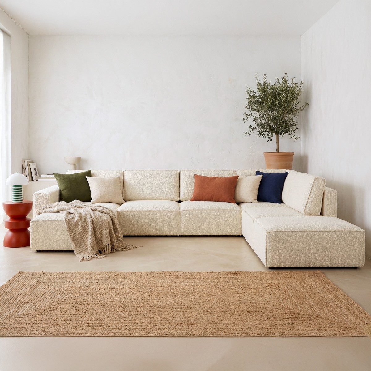 Canapé d'angle droit convertible 8+1 places en tissu bouclé - HARPER MOD ecru, HOMIFAB