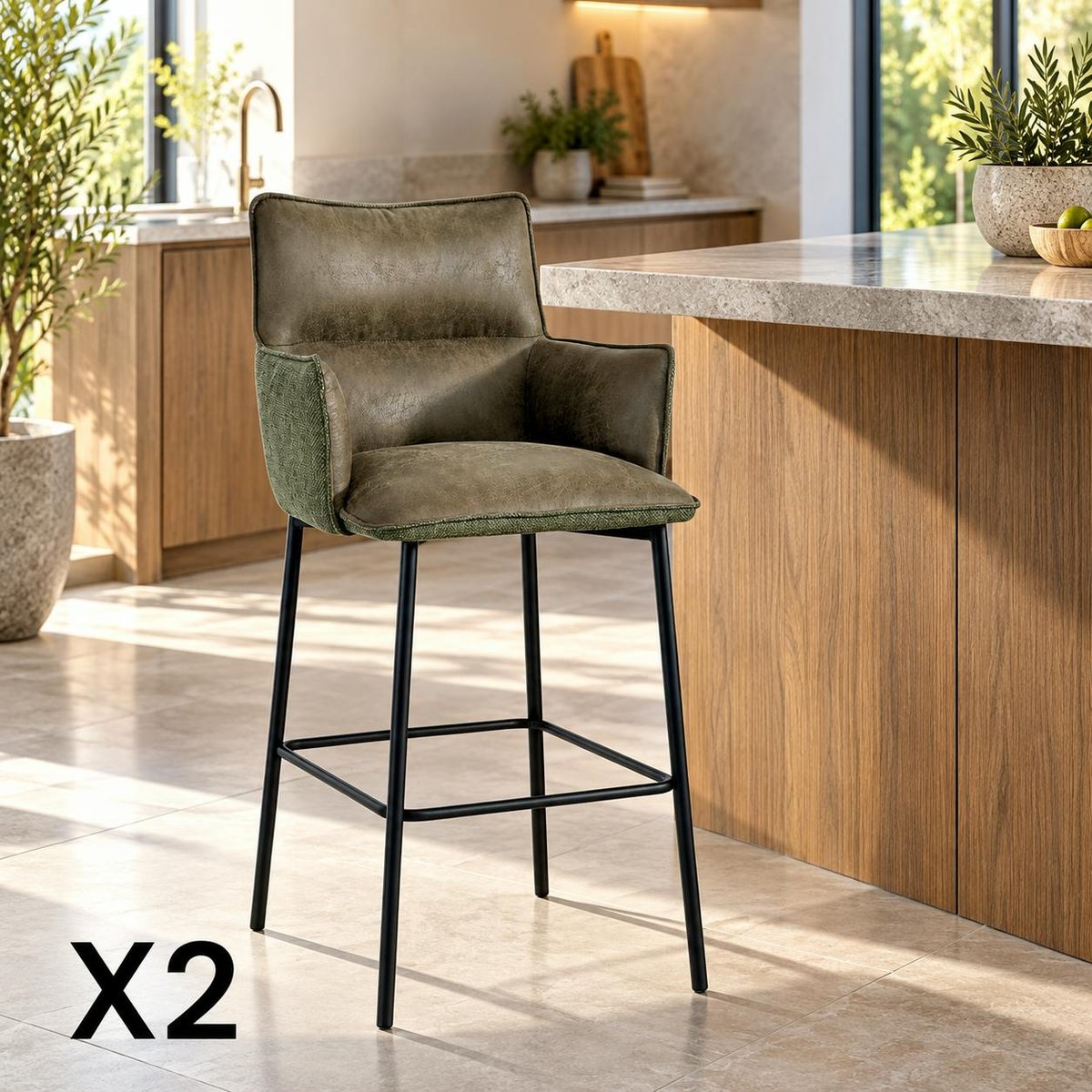 Tabouret de bar avec accoudoirs et dossier (lot de 2) KERALA vert, PIER IMPORT