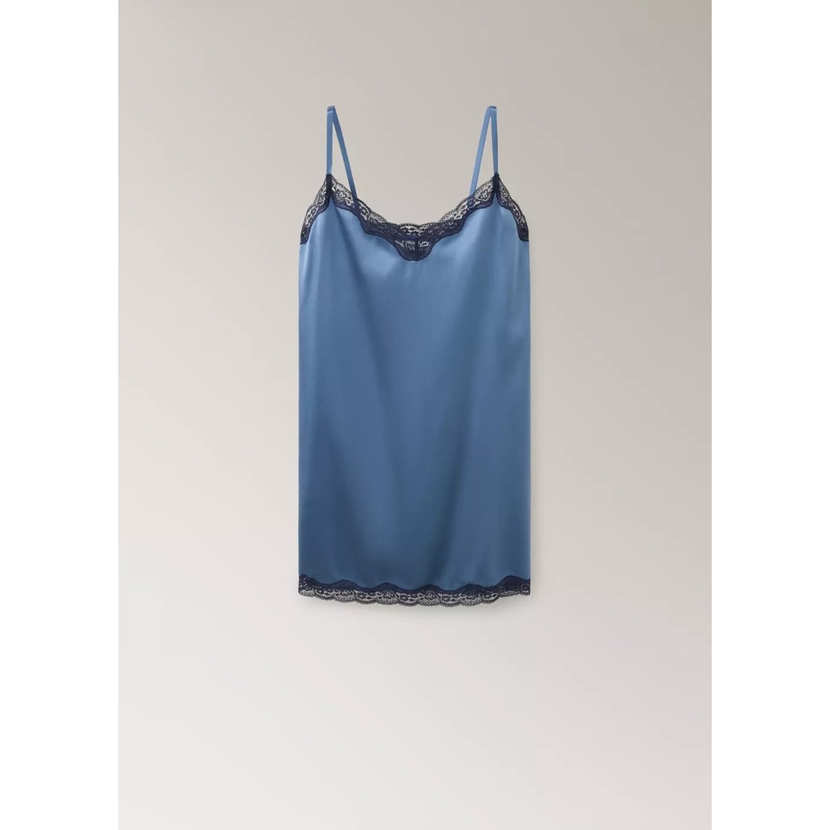 Chemise de nuit soie et dentelle contrastée bleu, MANGO