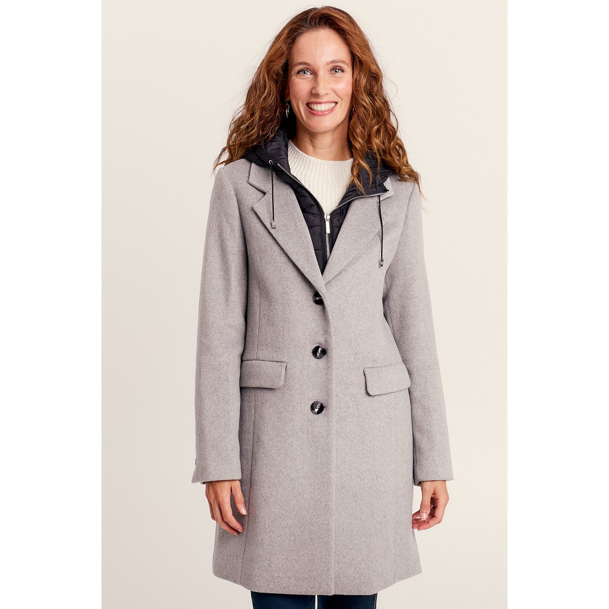Manteau droit à capuche gris clair, BREAL