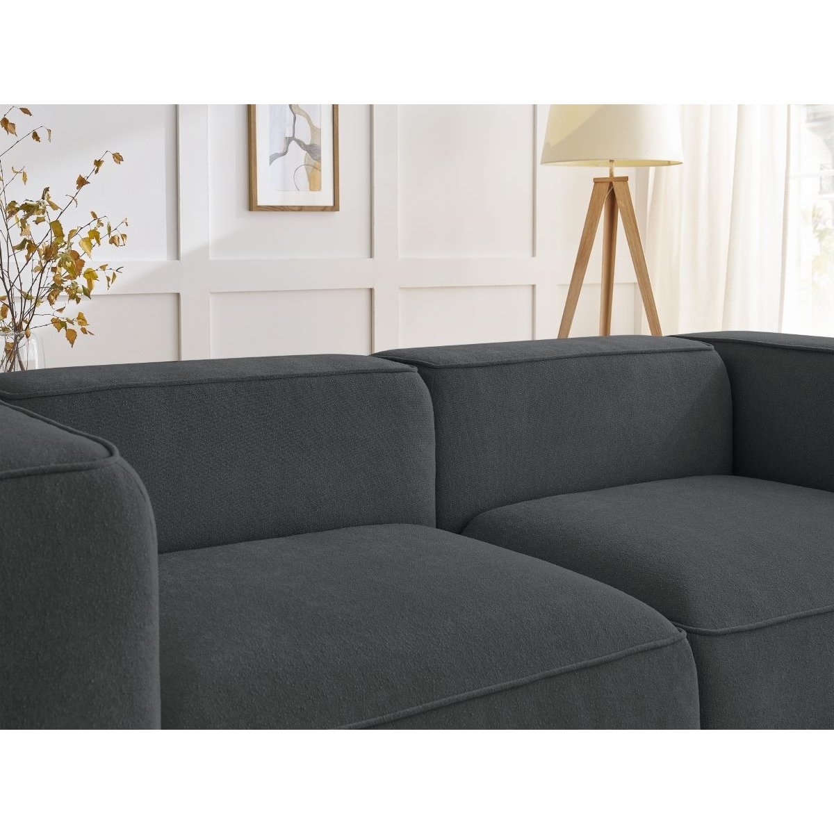 Canapé droit fixe 2 places en tissu texturé, ZEPHYR gris foncé, BOBOCHIC