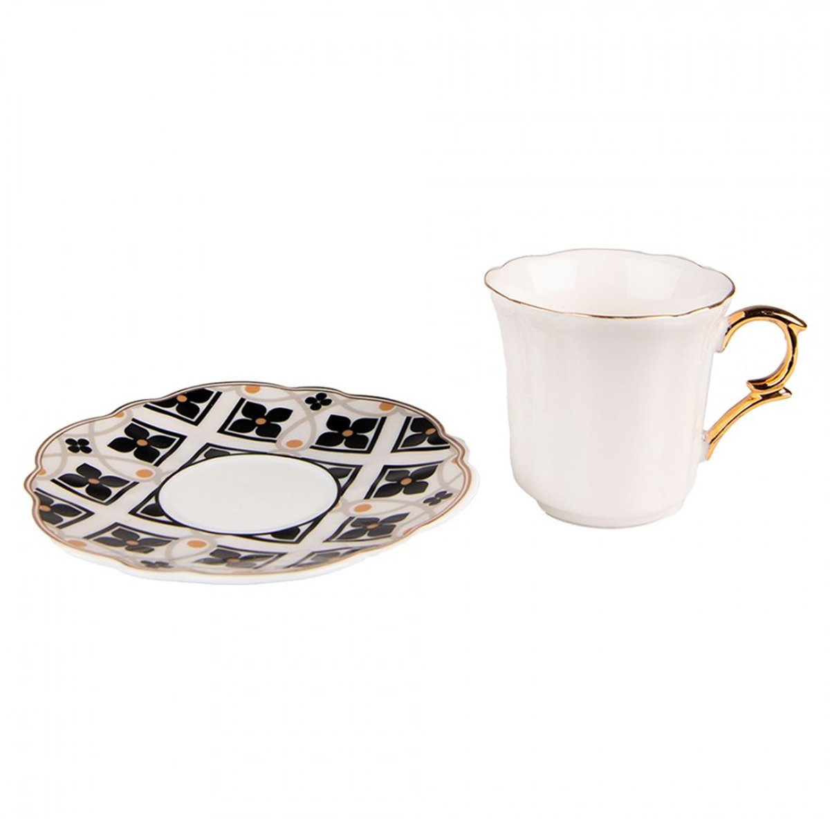 Tasse à café avec dessous de tasse en porcelaine blanc, noir, doré 95ml noir & blanc, WADIGA
