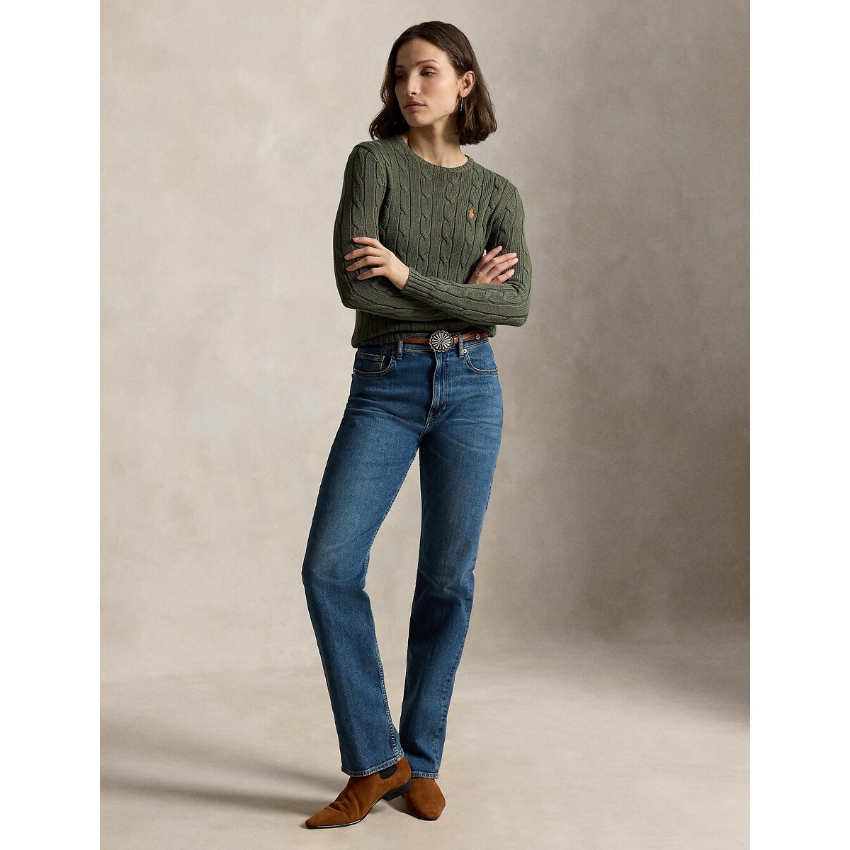 Cotton Cable Knit Crew Neck Jumper olive khaki, POLO RALPH LAUREN