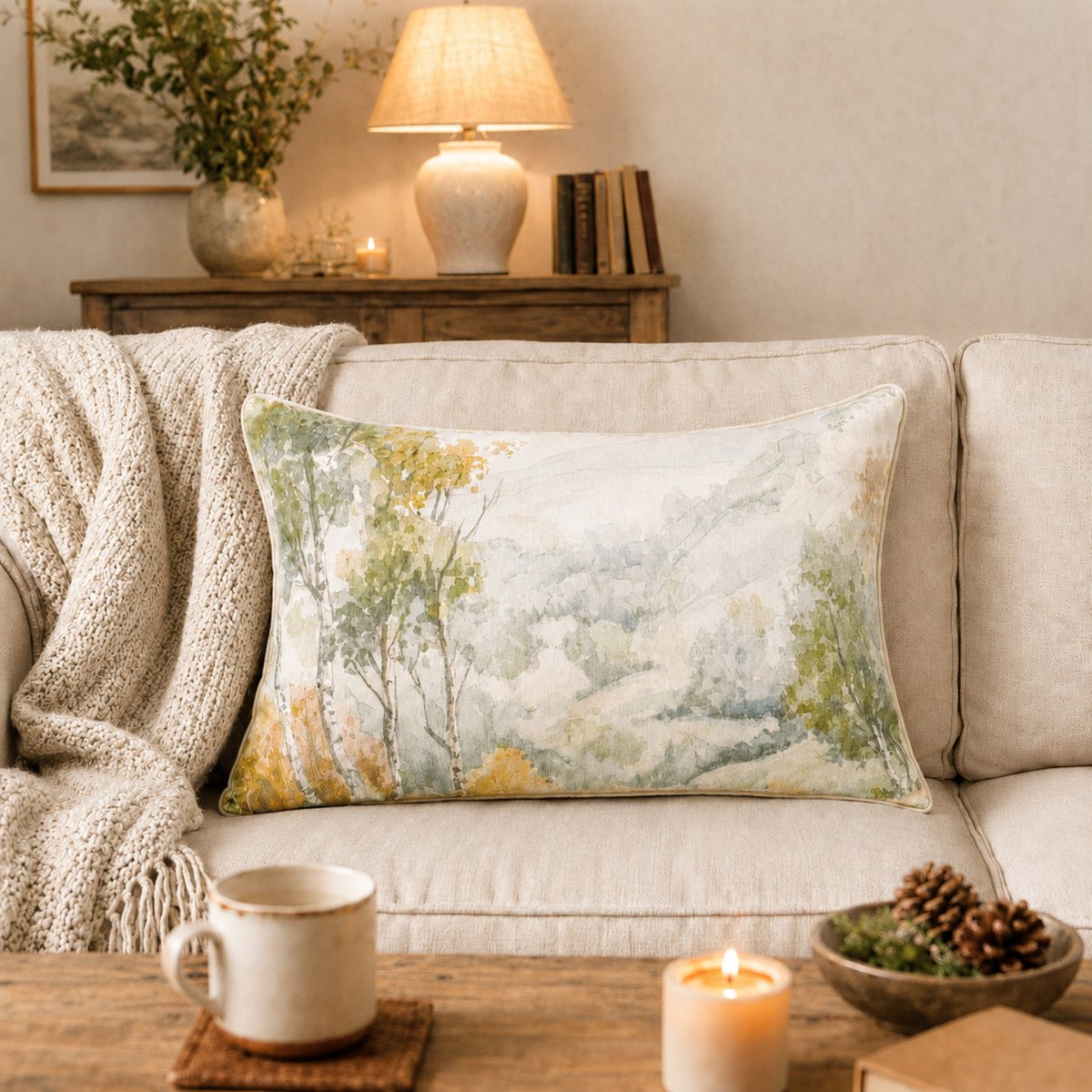 Coussin motif aquarelle forêt - QABANE vert, HOME MAISON