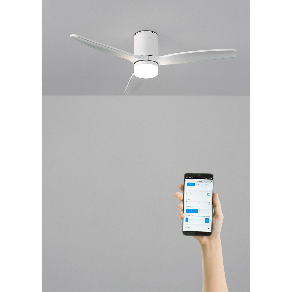 Ventilateur de plafond avec pales techniques en ABS avec lumière et Wi-Fi WIND CALM blanc/blanc, CREATE